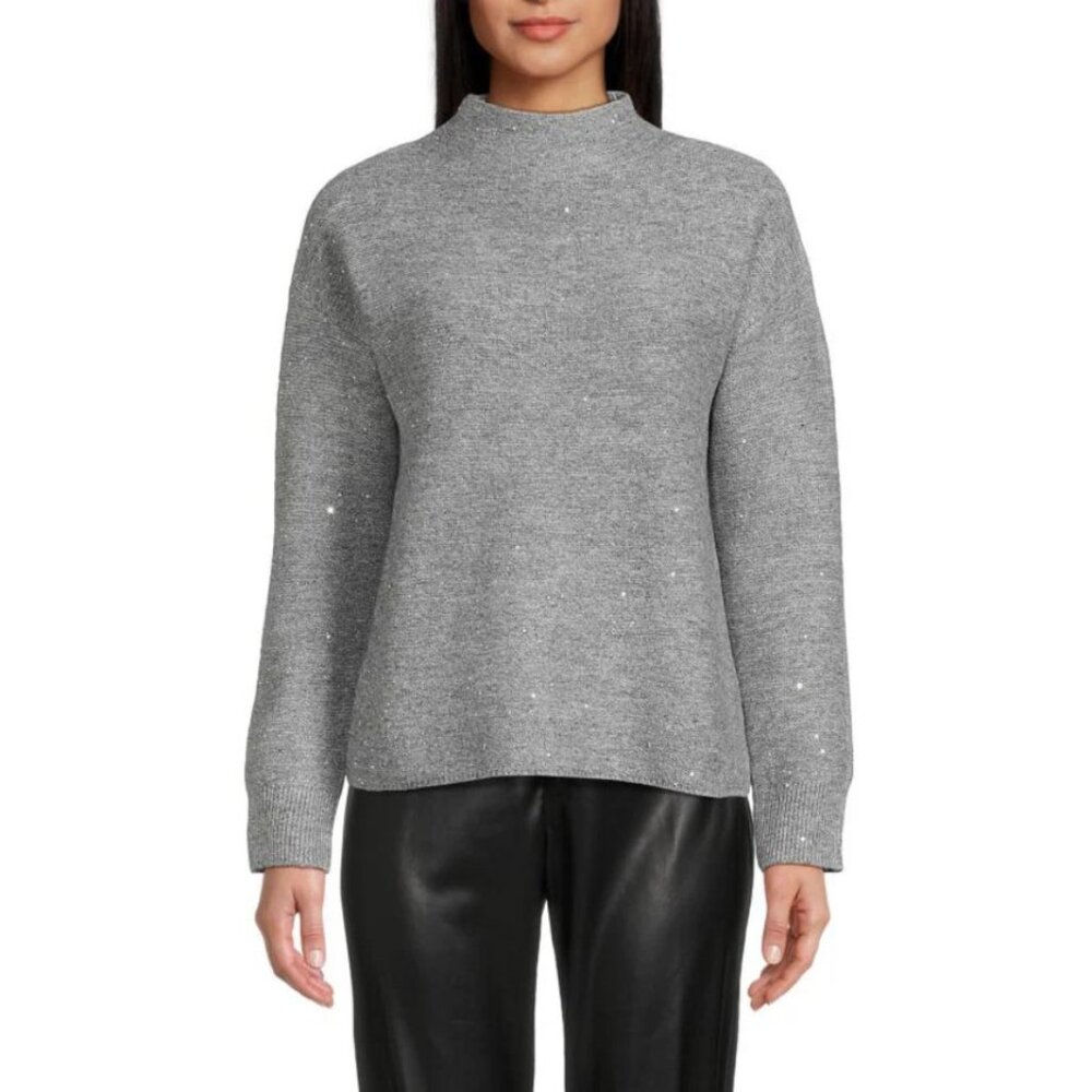 NEW Calvin Klein - Size L, Sequin Drop Shoulder Mock Neck Sweater - Heather Grey
